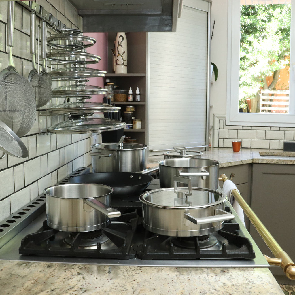 Cristel Fryingpans set and Cristel Saucepans set in a French Kitchen