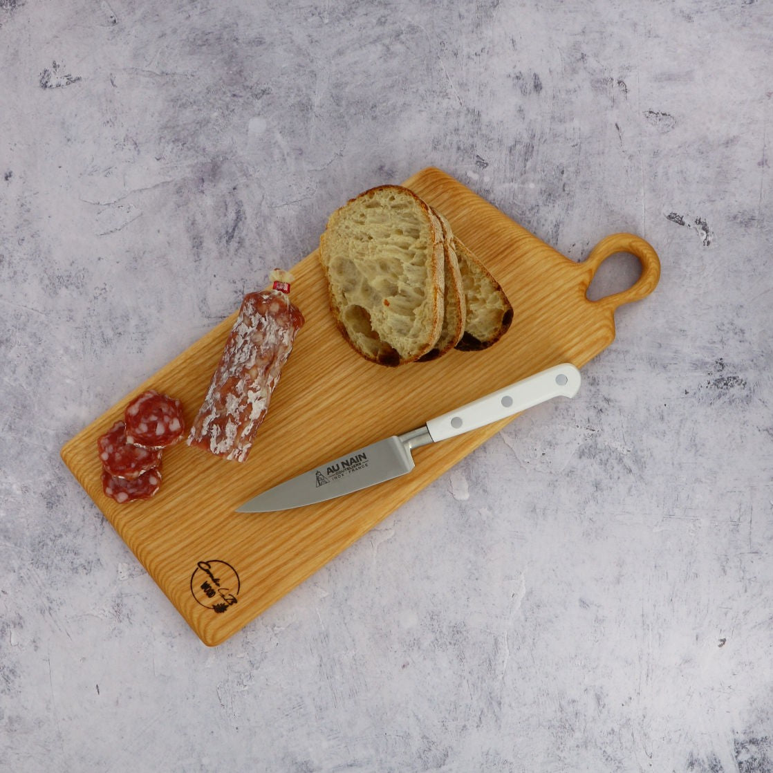 Narrow Ash Cutting Board with White Knife, French Bred and Saucisson