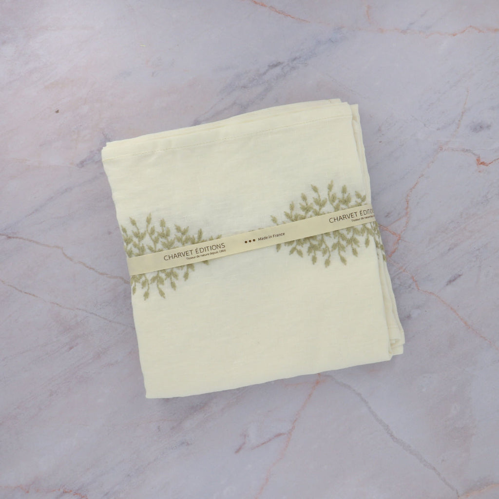 Charvet Embroidered Table Runner White on Marble