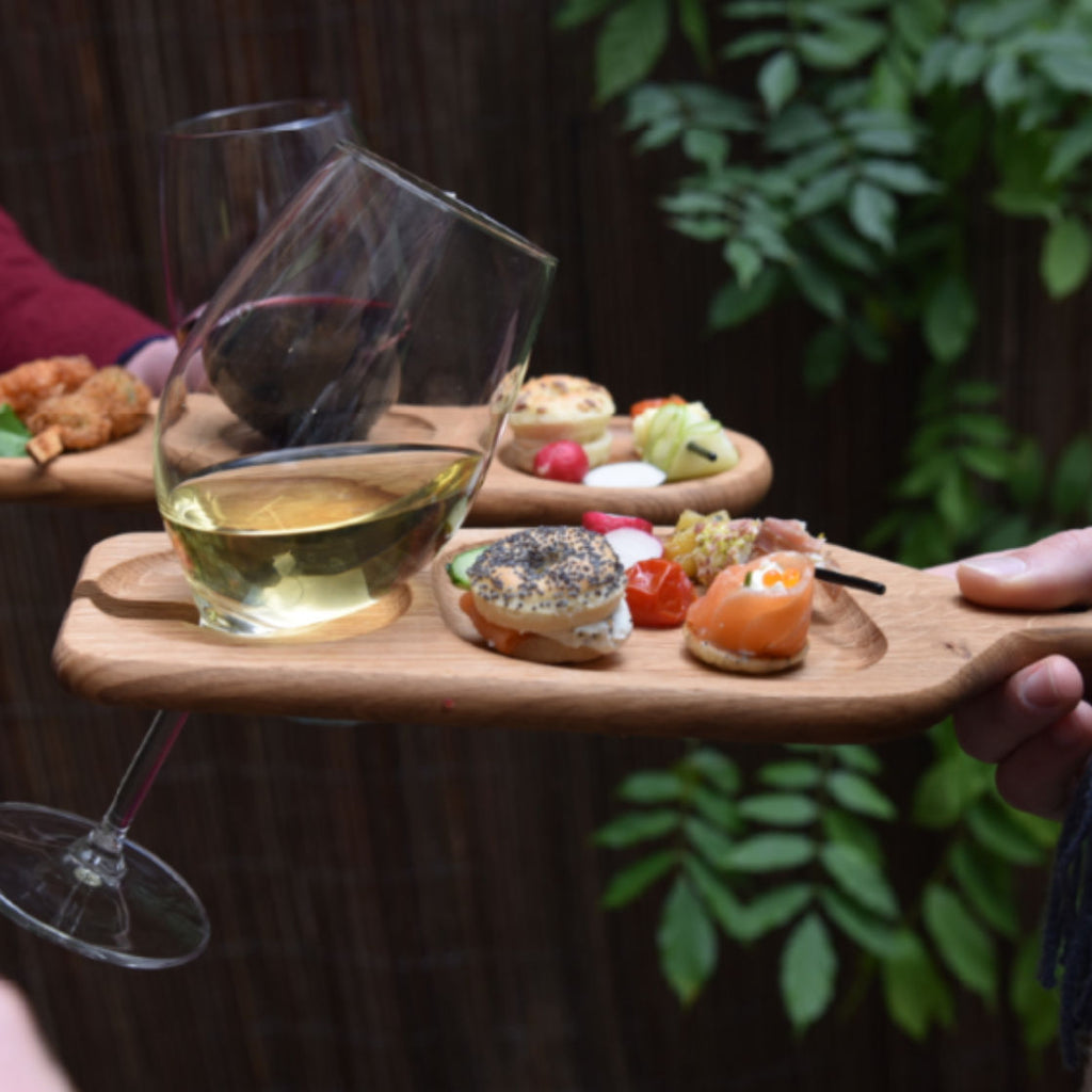 Cocktail Plate Glass Holder with Food and Galls of Wine